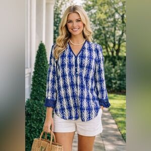 ROLLER RABBIT Blue White Semi-Sheer Cotton Tunic Blouse Size Medium